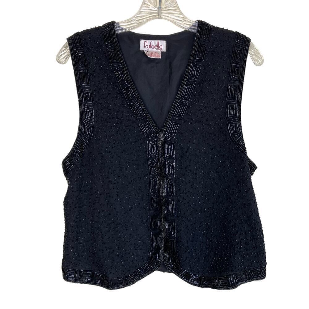 Rafaella Vintage 80’s Black Heavily Beaded V-Neck Dressy Elegant Silk Vest Sz S